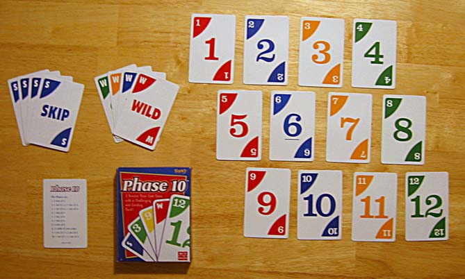 Phase 10 card game cards.