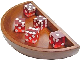 Dice in wooden dice bowl.