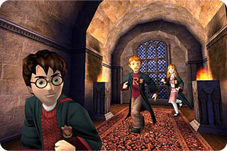Harry Potter and the Sorcerer's Stone - Harry with Ron and Hermione in hallway.