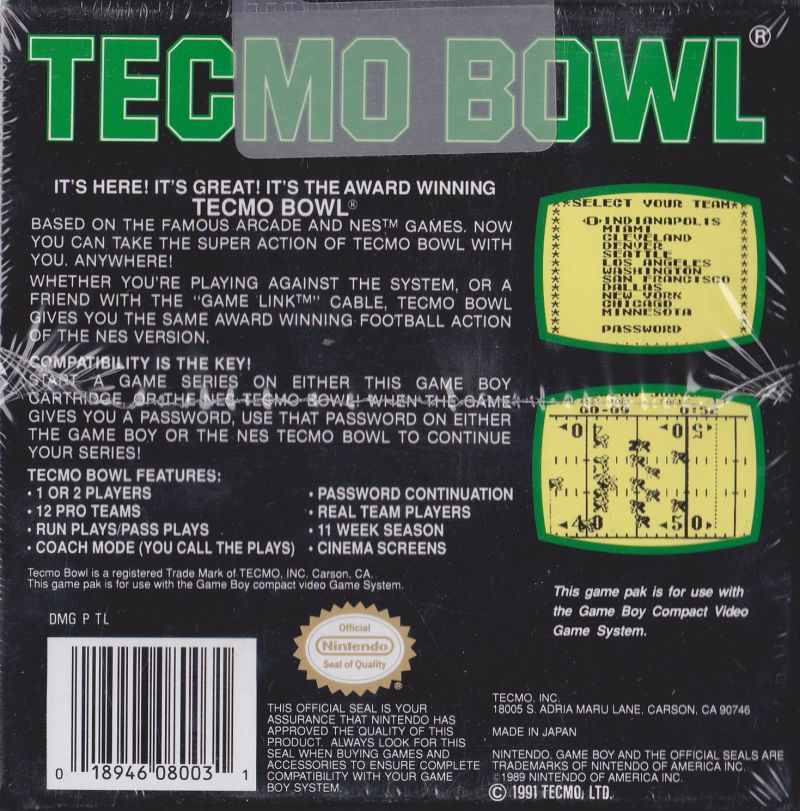 (Original) Game Boy® Tecmo Bowl game box back.