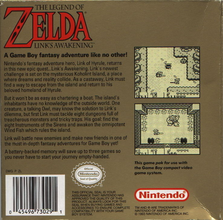 The Legend Of Zelda: Links Awakening game box back.
