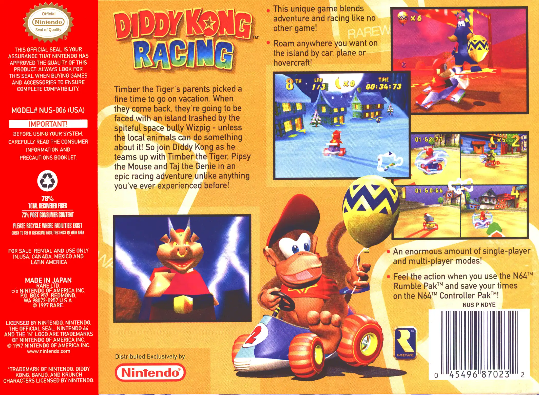 Diddy Kong Racing game box back.