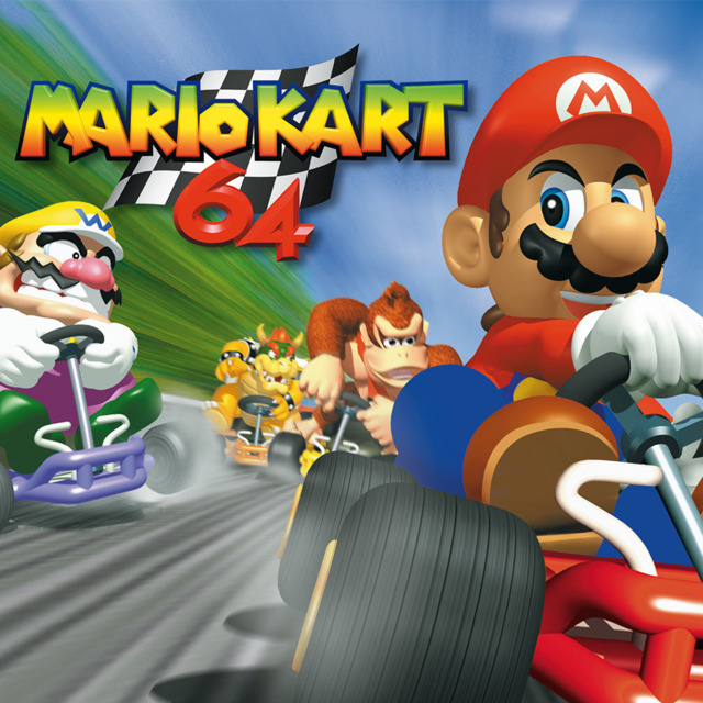 Mario Kart 64 - Wario, Bowser, Donkey Kong, and Mario in racing action