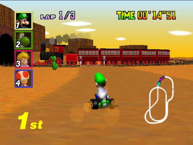 Mario Kart 64 - Mushroom Cup - Kalimari Desert Train Up Ahead.