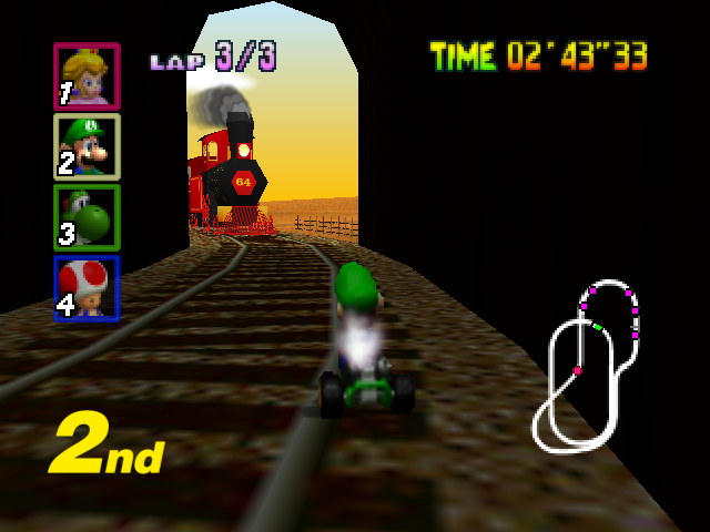 Mario Kart 64 - Mushroom Cup - Kalimari Desert in tunnel with train approaching.