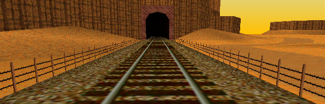 Mario Kart 64 - Mushroom Cup - Kalimari Desert railroad track tunnel in the distance.