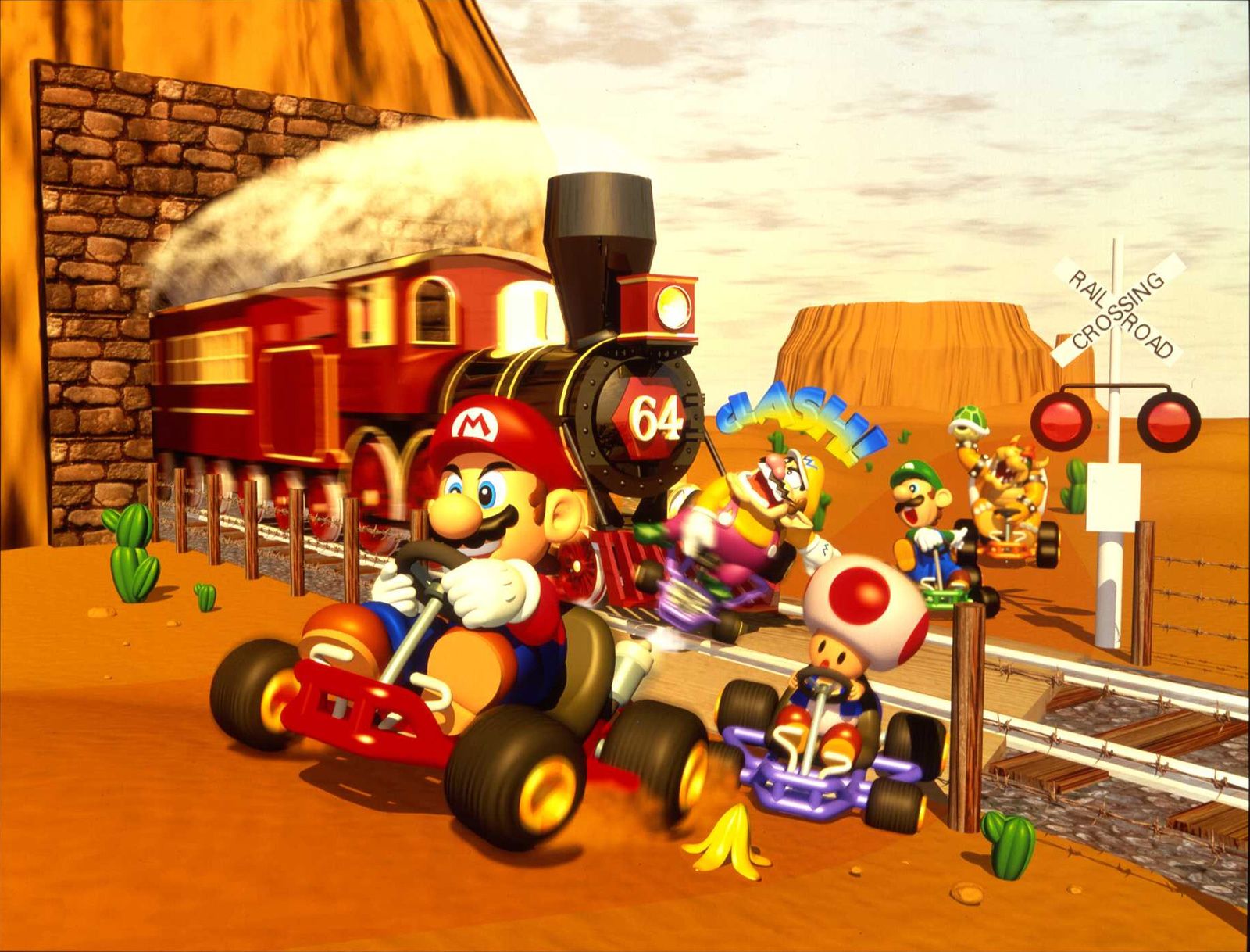 Mario Kart 64 - Mushroom Cup - Kalimari Desert train crashes karts.
