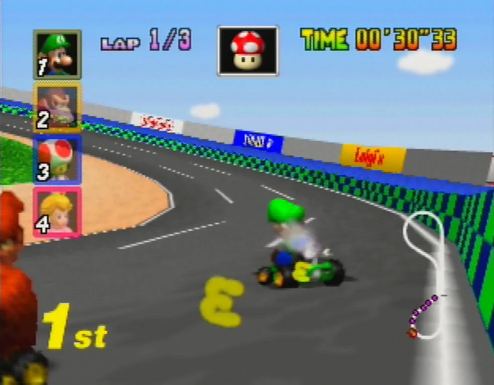 Mario Kart 64 - Mushroom Cup - Luigi Raceway - Drifting.