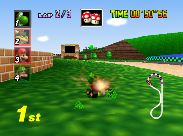 Mario Kart 64 - Mushroom Cup - Luigi Raceway - Yoshi-off-the-track.
