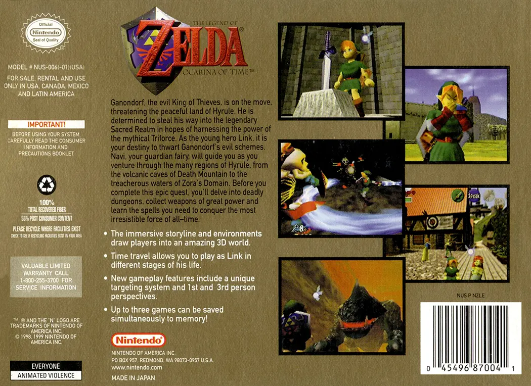 The Legend of Zelda: Ocarina of Time game box back.