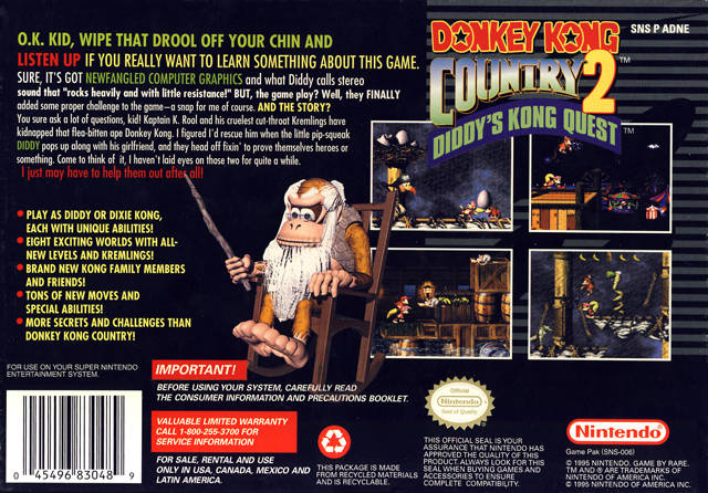 Donkey Kong Country 2: Diddy Kongs Quest game box back.