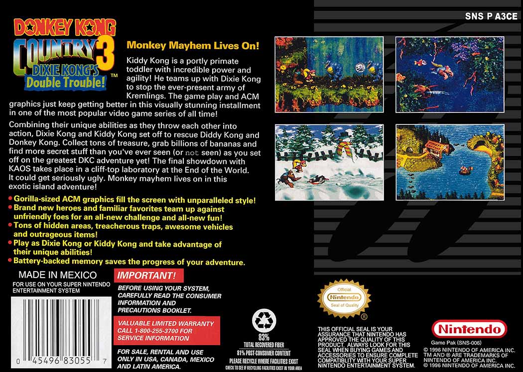 Donkey Kong Country 3: Dixie Kong's Double Trouble game box back.