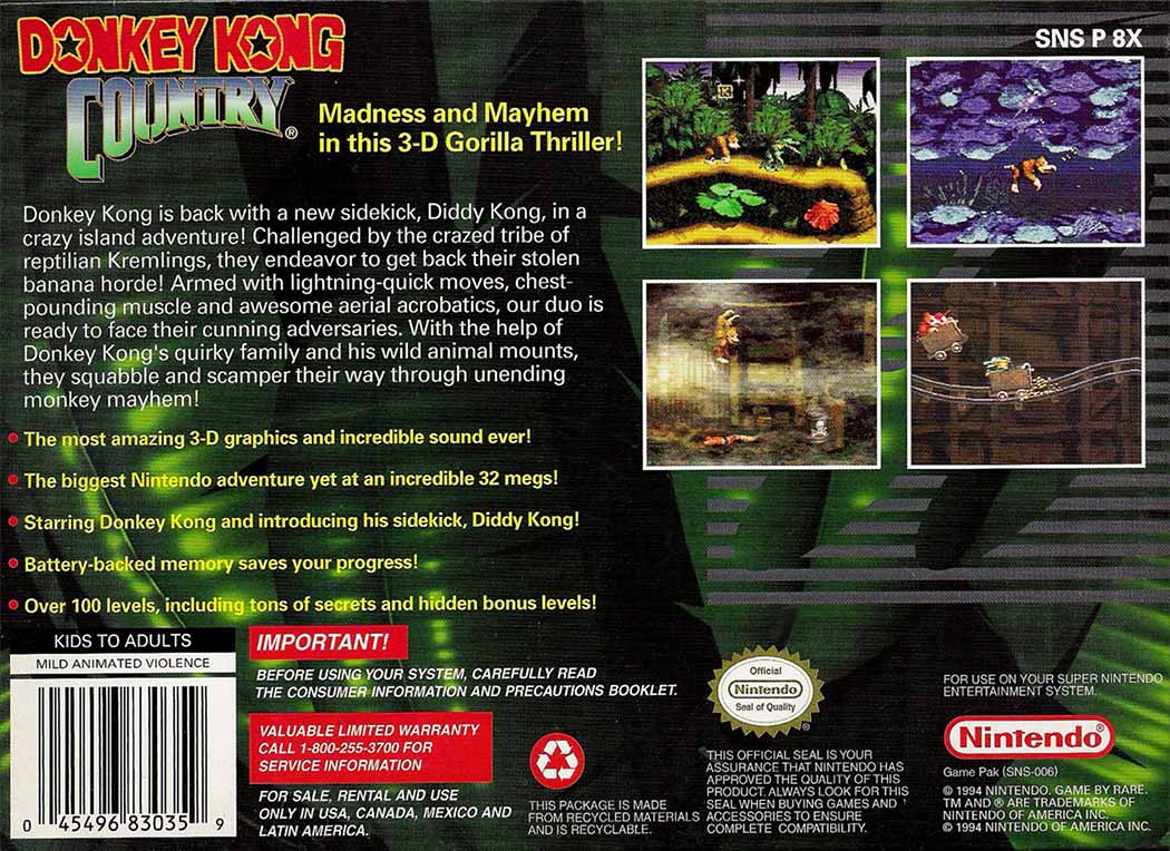 Donkey Kong Country game box back cover