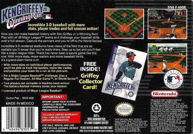 Ken Griffey Jr's Winning Run game box back - Incredible 3D baseball with more stats, player trades, and full season action.