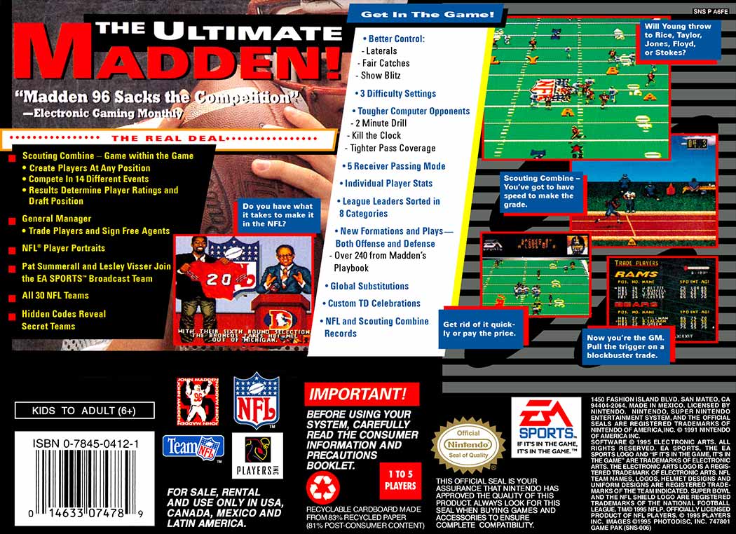 Madden NFL 96 game box back - The ultimate Madden.
