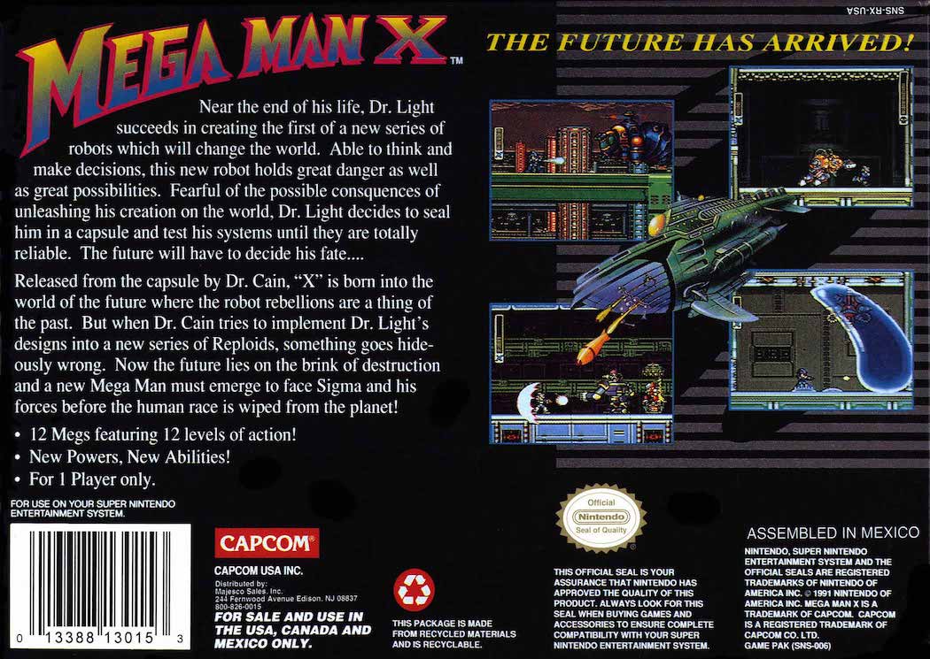 Mega Man X game box back.
