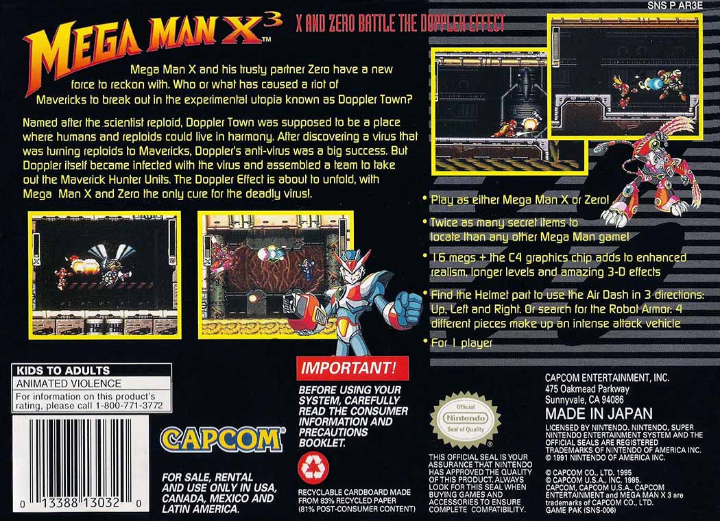 Mega Man X3 game box back.