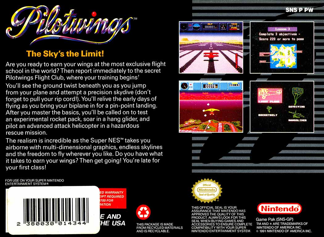 Pilotwings game box back - The Sky Is the limit.