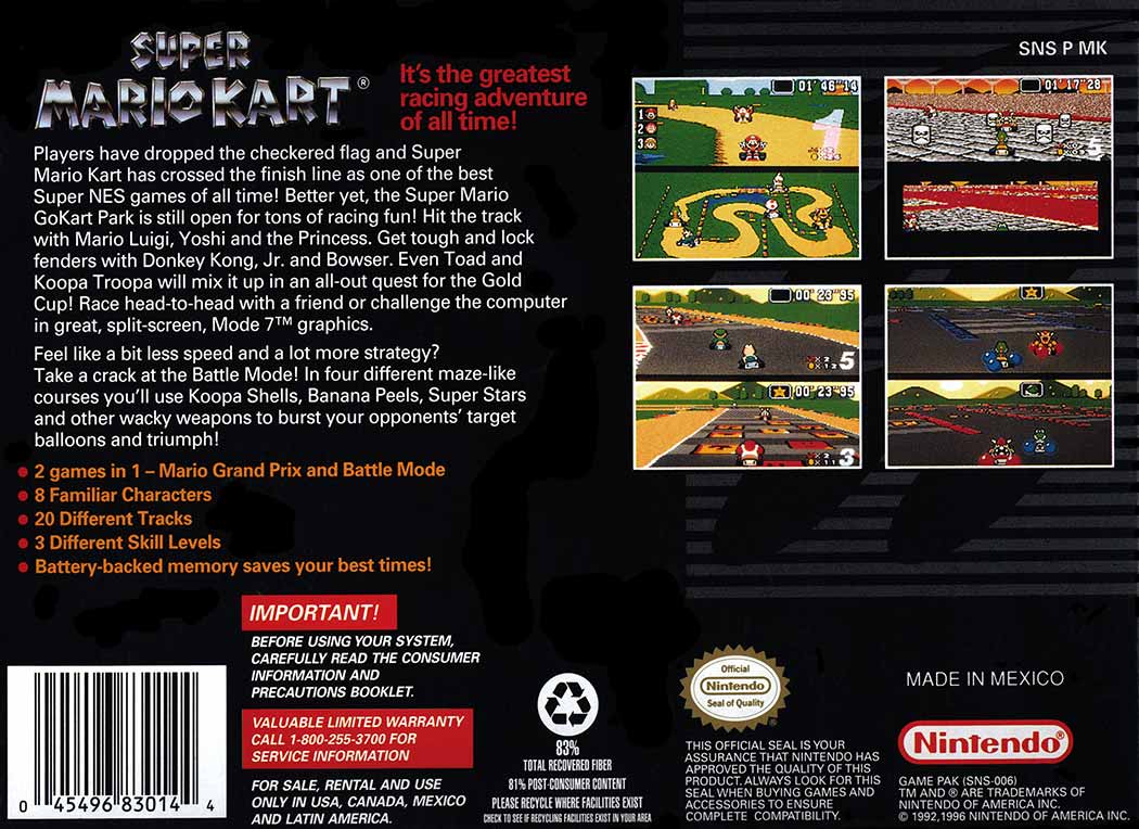 Super Mario Kart game box back - it is the greatest racing adventure of all time.