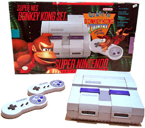 Super Nintendo Entertianment System Box, Console, and Controller.