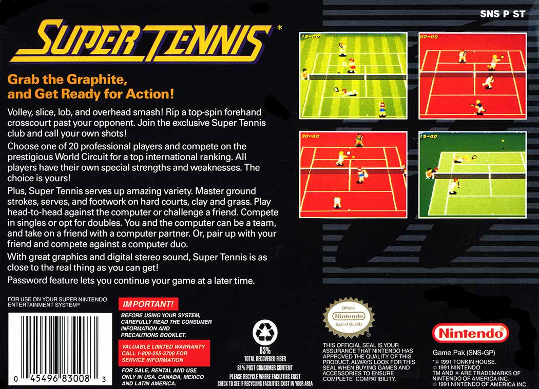 Super Tennis game box back - Grab the graphite and get ready for action.