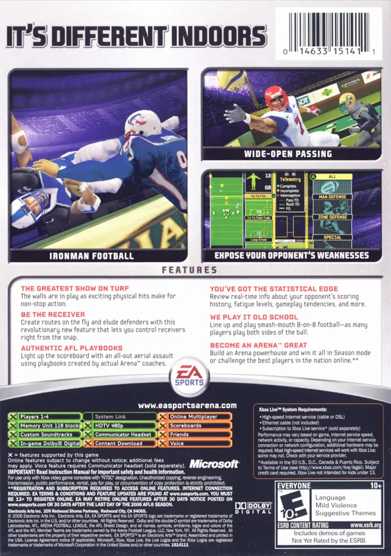 Arena Football™ xbox game box back.