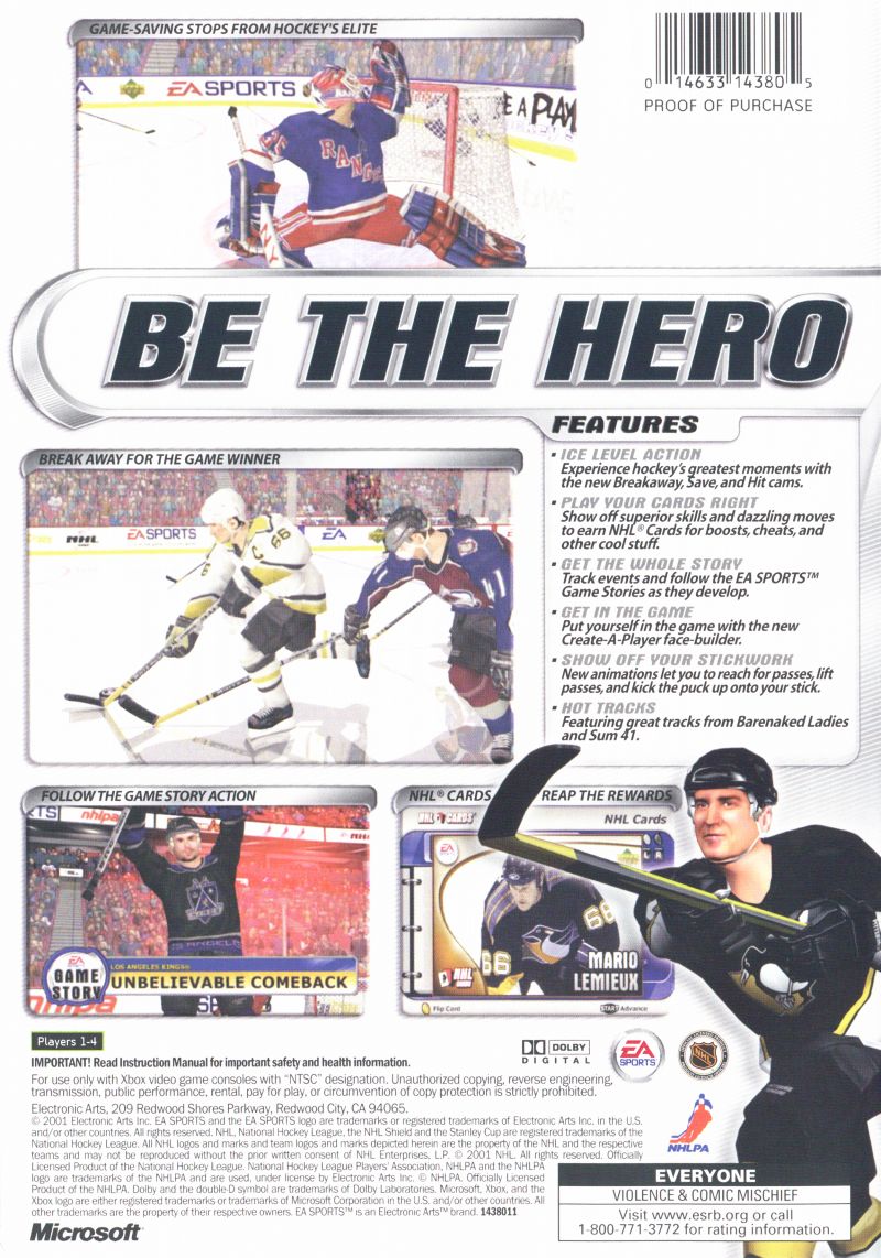 NHL 2002 Game Box Back. Be The Hero.