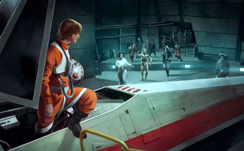 Skywalker returning to a hero's welcome after the 3. Death Star Trench Run from Star Wars: Rogue Squadron - Chapter IV.