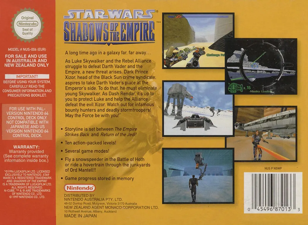 Star Wars: Shadows of the Empire game box back.