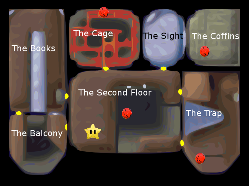 Super Mario 64 - 4. Seek the 8 Red Coins - Big Boo's Haunt Second Floor Red Coins Map.