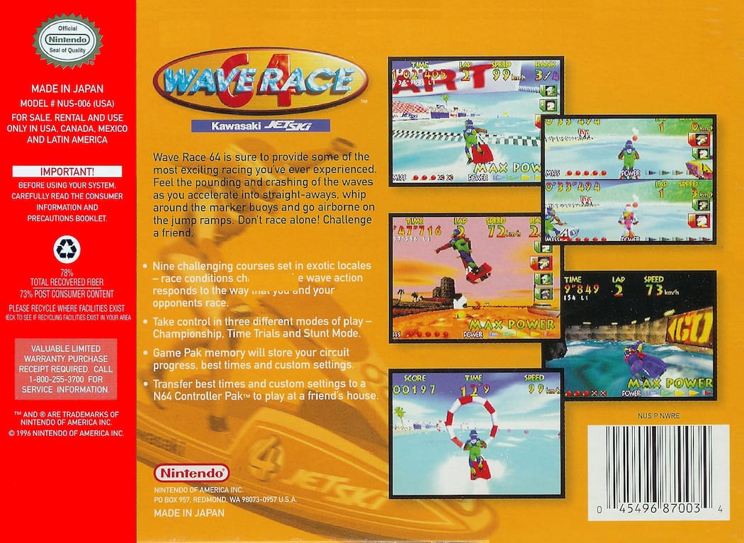 Wave Race 64 game box back.