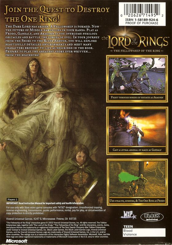 Lord of the Rings: The Fellowship of the Ring game box back. Join the quest to destroy the one ring.